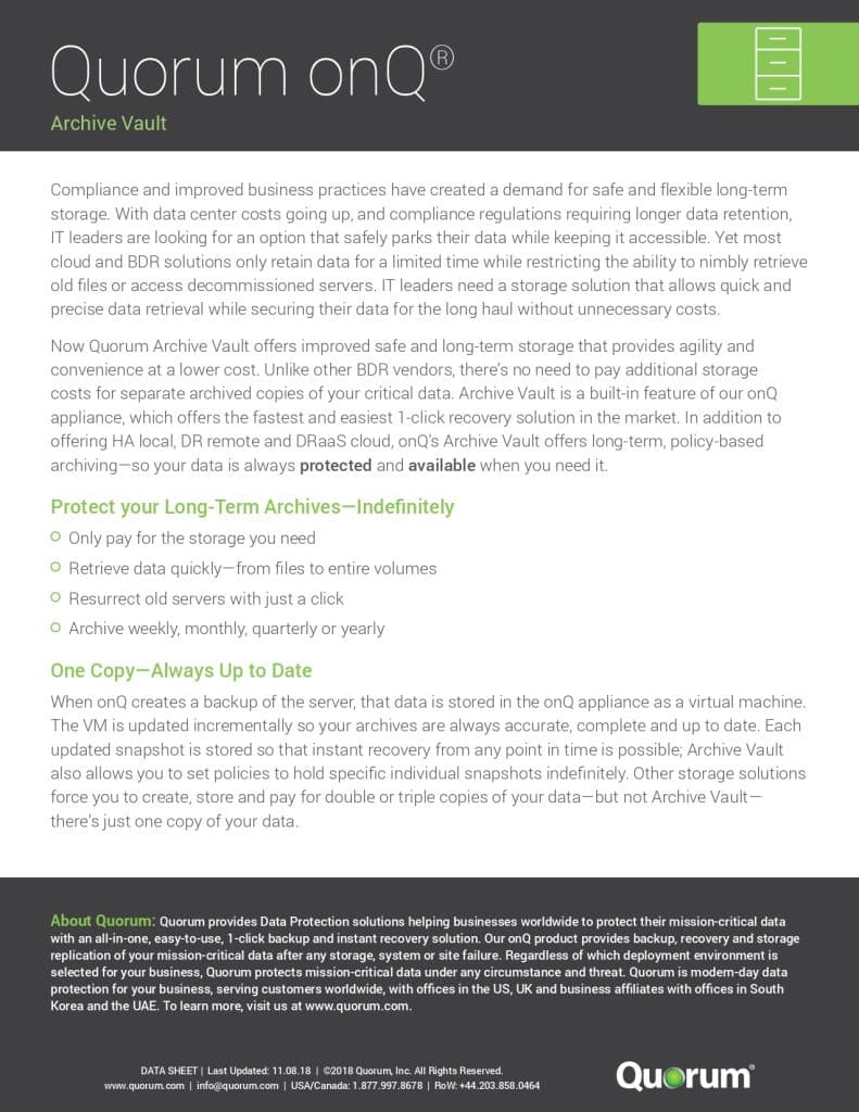 A flyer for Quorum onQ Archive Vault, promoting a cost-effective and long-term data storage solution for IT leaders. It highlights the service's benefits, including simplified compliance, protection for long-term archives, and always-up-to-date compliance policies.