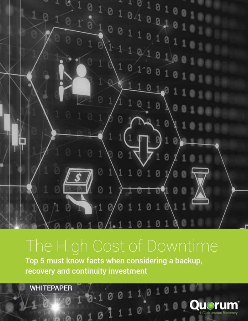 Cover of a whitepaper titled "The High Cost of Downtime: Top 5 must know facts when considering a backup, recovery and continuity investment" by Quorum. The background is filled with hexagonal icons representing technology concepts.