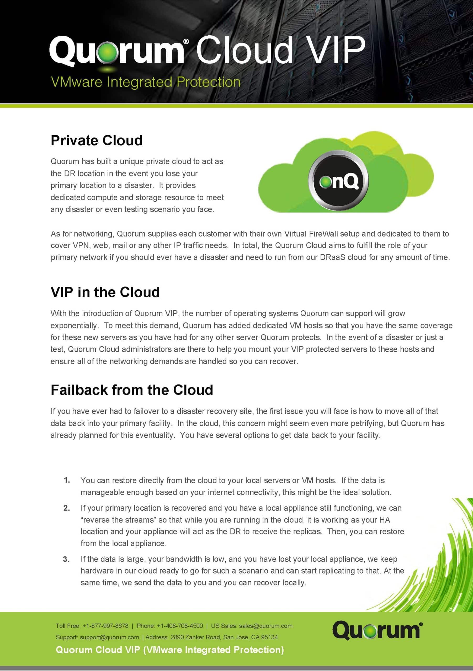 A promotional flyer titled "Quorum Cloud VIP - VMware Integrated Protection." It features sections detailing services including Private Cloud, VIP in the Cloud, and Failback from the Cloud. The flyer also includes Quorum's logo and brief descriptions under each section.