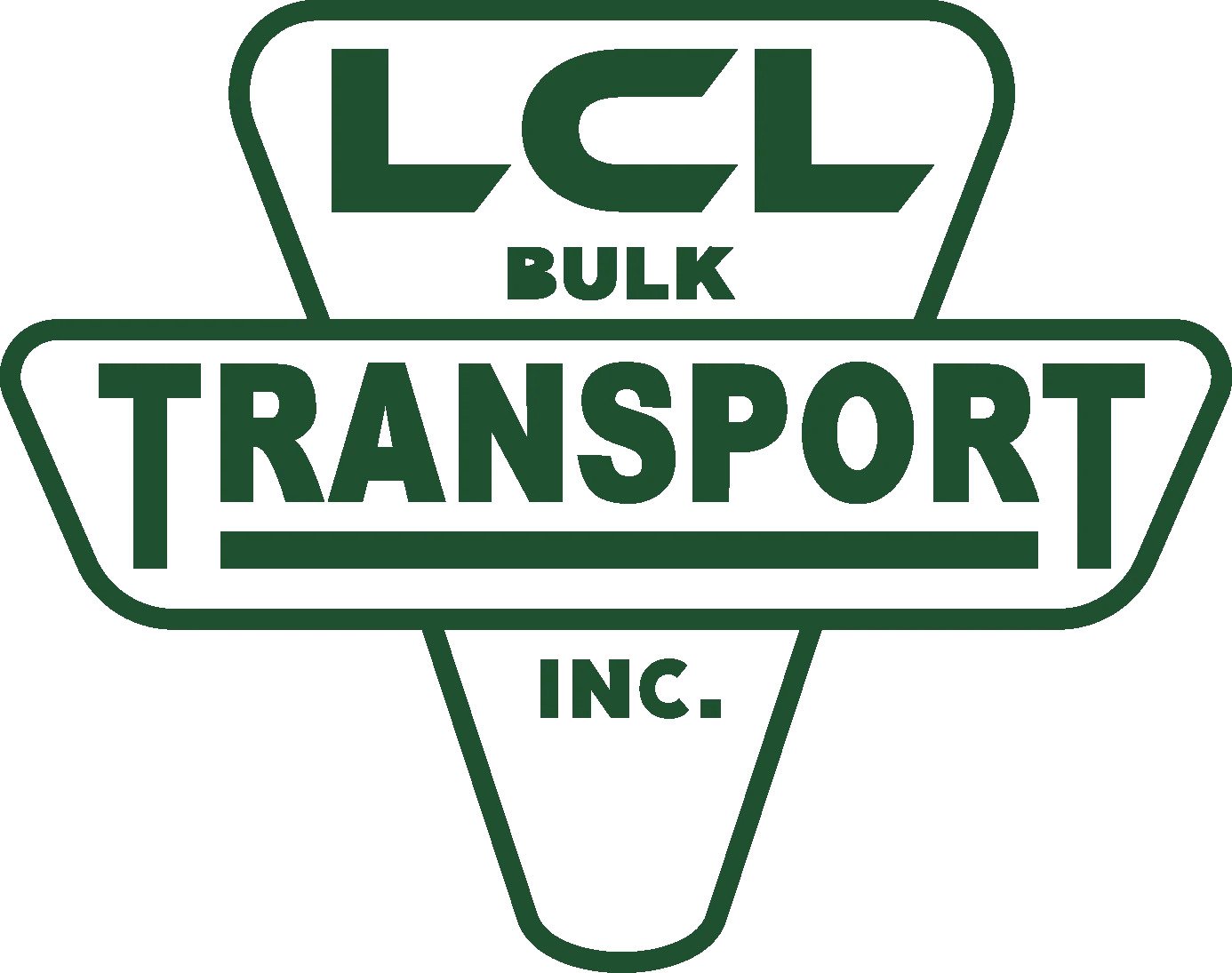 A green and white logo for "LCL Bulk Transport Inc." featuring bold, stylized text. The words "LCL" are at the top, "BULK" in the middle, and "TRANSPORT INC." across a broad, horizontal section at the bottom, all within a triangular frame.