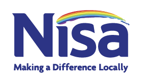 The image shows the Nisa logo, with the word "Nisa" in large blue letters. A rainbow arch flows from the "N" to the "a". Below, in smaller blue text, it reads, "Making a Difference Locally".
