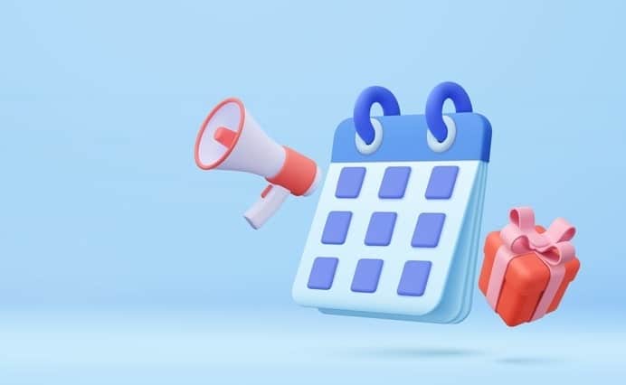 3D illustration of a blue calendar with two rings, a red and white megaphone, and a red gift box with a pink ribbon, all floating against a light blue background. The image suggests themes of events, announcements, and celebrations.