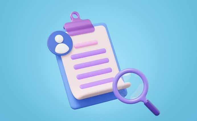3D illustration of a clipboard with a magnifying glass and person icon. The clipboard has a blue and white color scheme with purple lines representing text. The person icon is positioned on the side, and the magnifying glass is at the bottom right. Blue background.