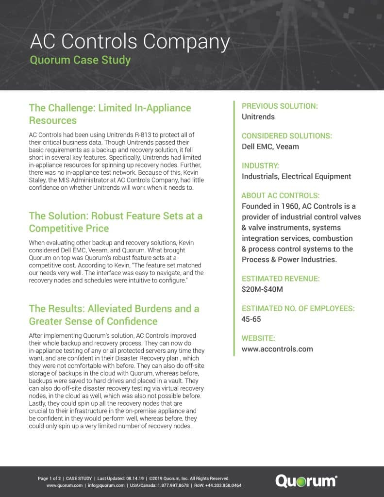 A case study document titled "AC Controls Company: Quorum Case Study" discusses the challenges, solutions, and results of using Quorum's services. Key details include the challenge of limited IT appliance resources and the benefits of robust features and confidence after a disaster.