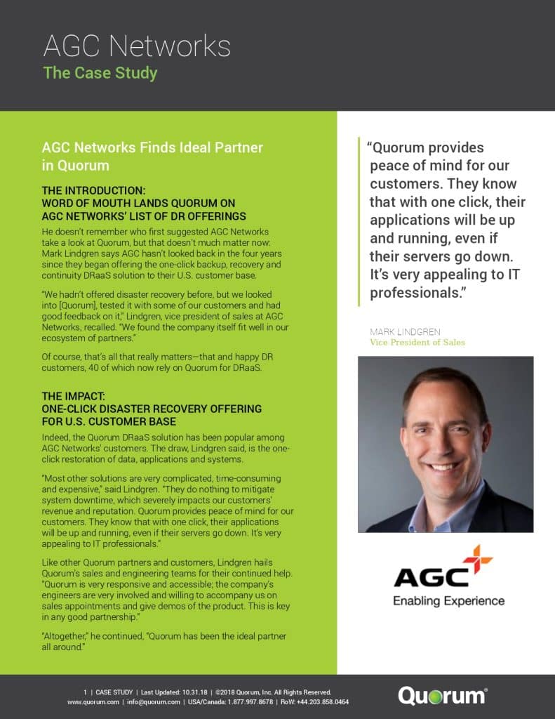 Case study on AGC Networks' partnership with Quorum for backup, recovery, and continuity solutions. Features Quorum's logo, Mark Lindgren's picture, and a testimonial quote about Quorum's benefits. Provides details on the recovery solution implementation and impact.