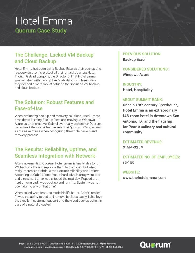 An informative flyer for Hotel Emma's Quorum Case Study includes sections titled "The Challenge," "The Solution," and "The Results," with details on their experience using Backup Exec and GCM. It has a green and white color scheme with bullet points and contact information.