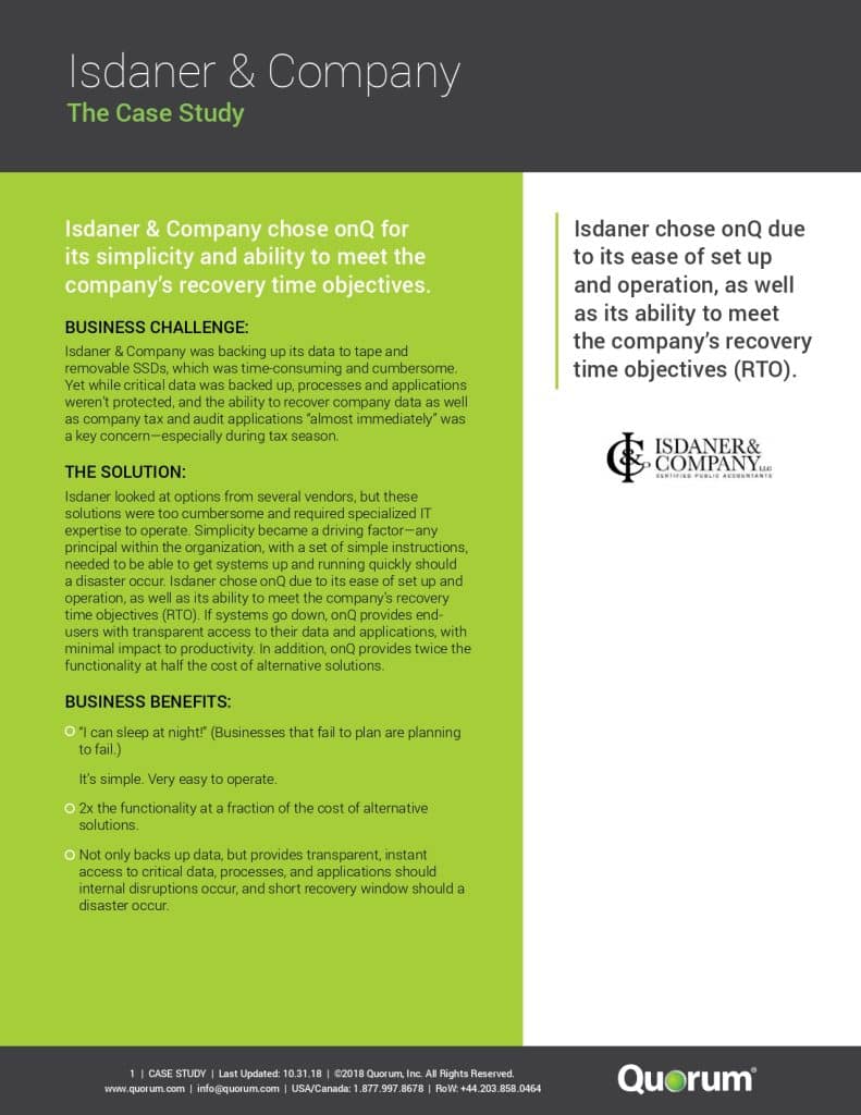 A business case study document titled "Isdander & Company: The Case Study" discussing their selection of Quorum onQ for business continuity. It highlights the challenge, solution, and benefits of using the system for meeting the company's recovery time objectives.