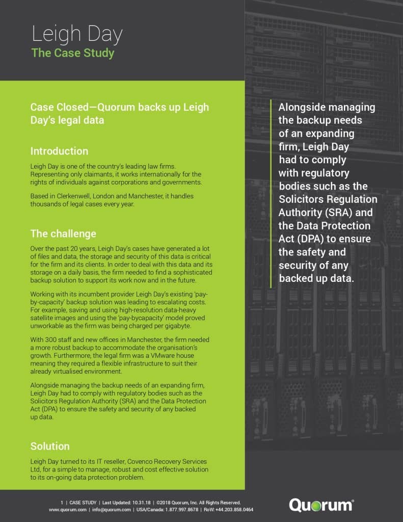 A case study highlighting Leigh Day's legal data backup solution with Quorum. Includes sections on Introduction, Challenges, Solution, and Results. The grey background features the company logo, and green accent areas provide text details.