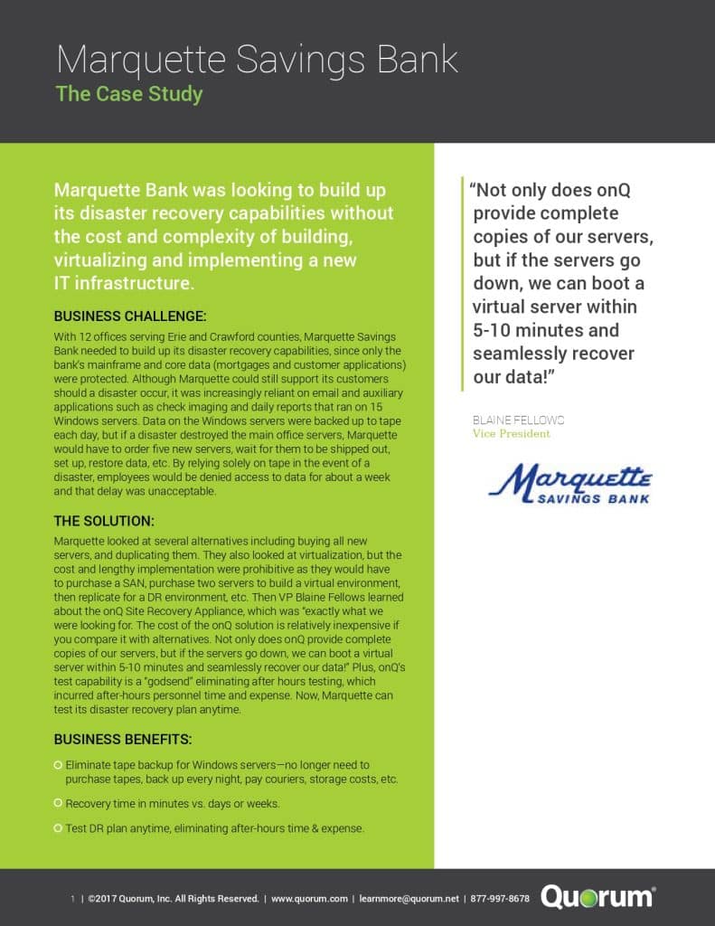 A case study document titled "Marquette Savings Bank - The Case Study". The document highlights their challenge and solution in enhancing disaster recovery capabilities. There's a quote from Blaine Fellow, Vice President, and an illustration of their steps undertaken.
