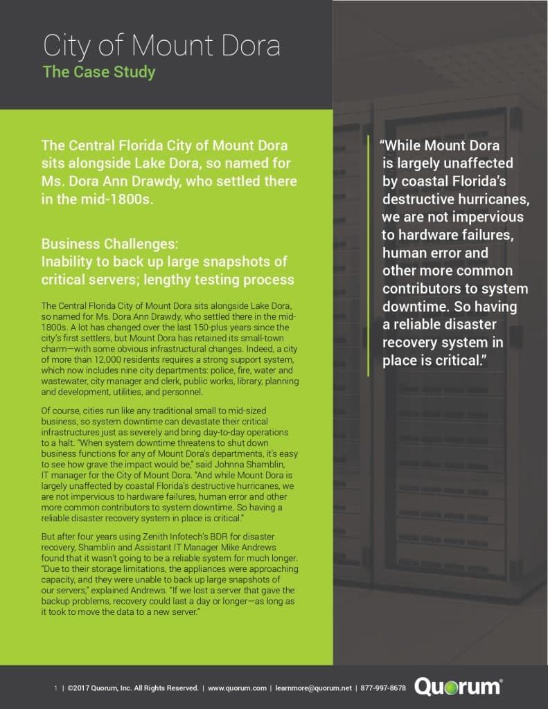 Flyer titled "City of Mount Dora: The Case Study" discussing Central Florida city data loss due to disasters. It mentions hardware failures, human error, and the importance of disaster recovery. There is a highlighted customer testimonial on the right.