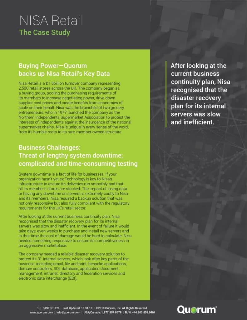 A case study document titled "NISA Retail – The Case Study." It discusses the business challenges faced by NISA Retail, especially in terms of system downtime and testing inefficiency, and how Quorum's Recovery systems provided a solution.