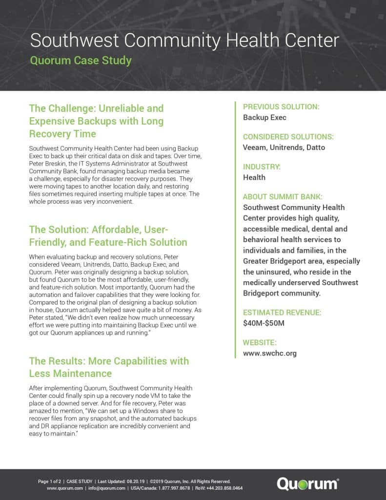 Infographic for Southwest Community Health Center's Quorum case study. Highlights challenges of long recovery times using tape backup, solution with Quorum's reliable, affordable system, and positive results including increased uptime and cost savings. Features bullet points and a sidebar with company details.