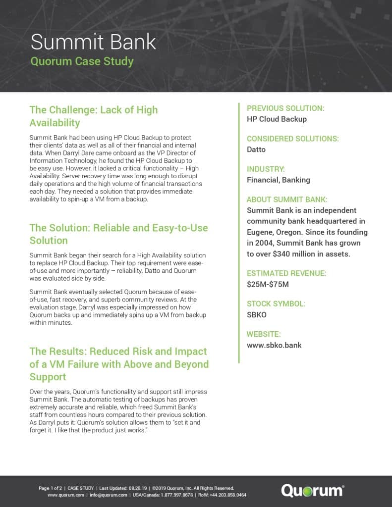 A case study document featuring the Summit Bank and Quorum logos in the header. Details include challenges faced, solutions, and outcomes. The summary highlights the switch from HP Cloud Backup to Quorum for improved data recovery, reliability, and financial services.