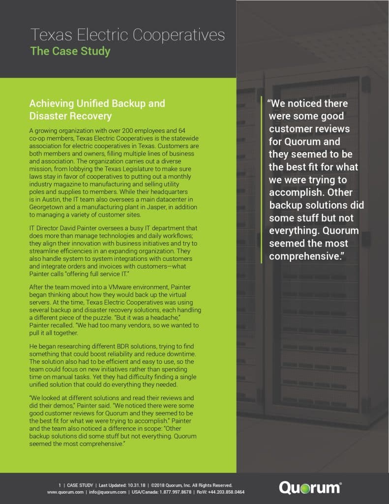 A company case study document for Texas Electric Cooperatives, detailing their use of Quorum for unified backup and disaster recovery. It includes a customer quote, company overview, and benefits of the Quorum solution alongside company logos and contact information.