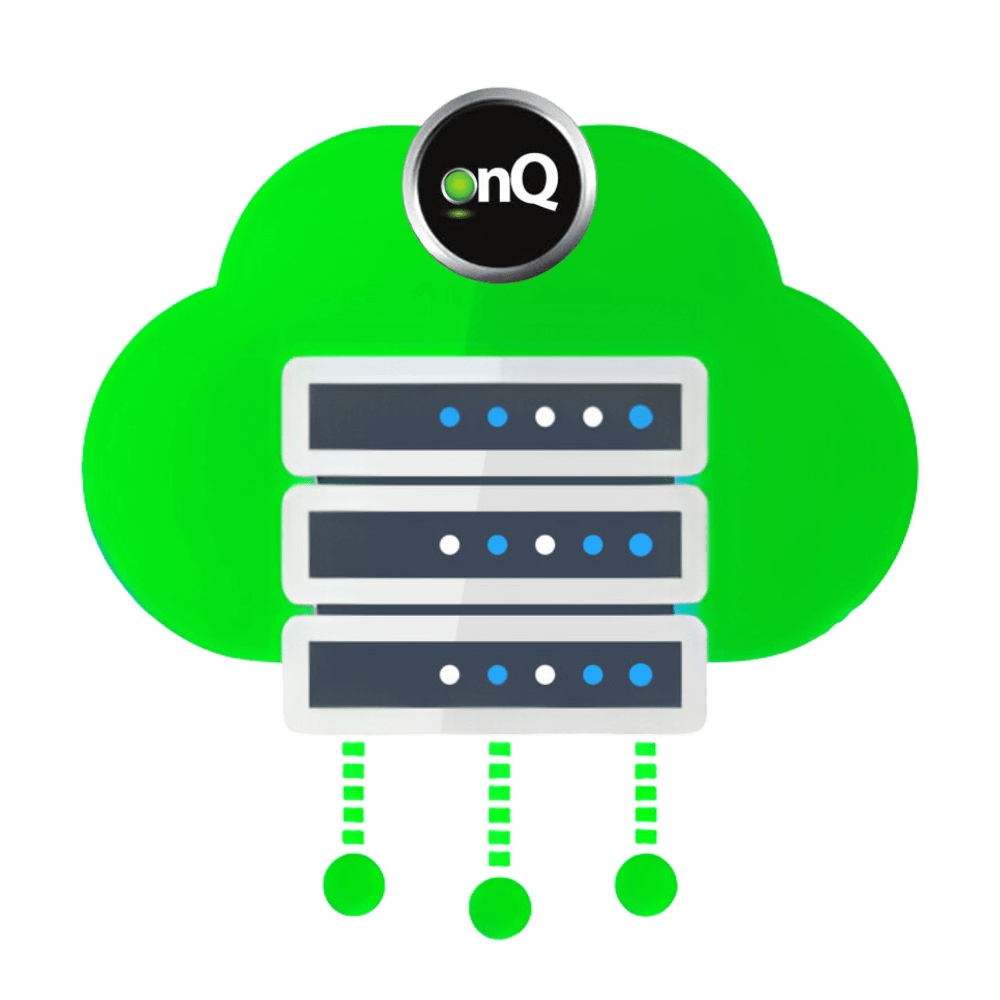 A green cloud graphic with a server stack consisting of three server units placed in the center. Above the servers, there's a black and white circular logo with the letters "onQ". Three green circles with connected lines extend from the bottom of the servers.