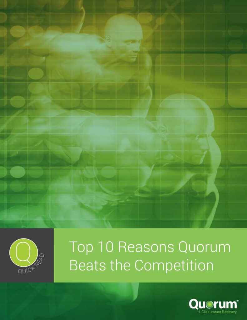 A visually striking cover image in shades of green featuring abstract human figures in motion, with overlaid digital patterns. Text reads "Top 10 Reasons Quorum Beats the Competition" and includes the logos for Quorum and Quick Read.