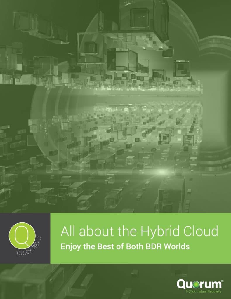 A green-filtered cover page titled "All about the Hybrid Cloud: Enjoy the Best of Both BDR Worlds" features abstract cubic graphics with the Quorum logo at the bottom. The cover also includes a circular Q icon labeled "QUICK READ.