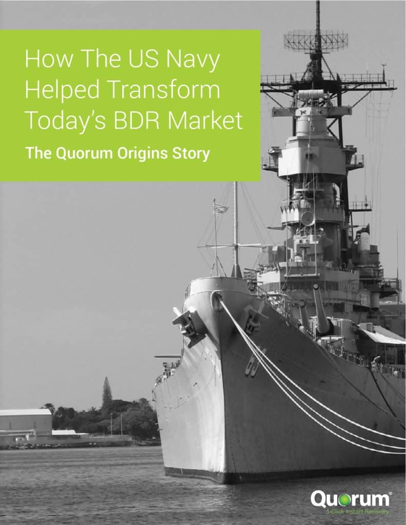 A black and white image of a large naval ship docked near a shore. The overlaid text reads, "How The US Navy Helped Transform Today's BDR Market - The Quorum Origins Story." The Quorum logo is visible at the bottom-right corner.