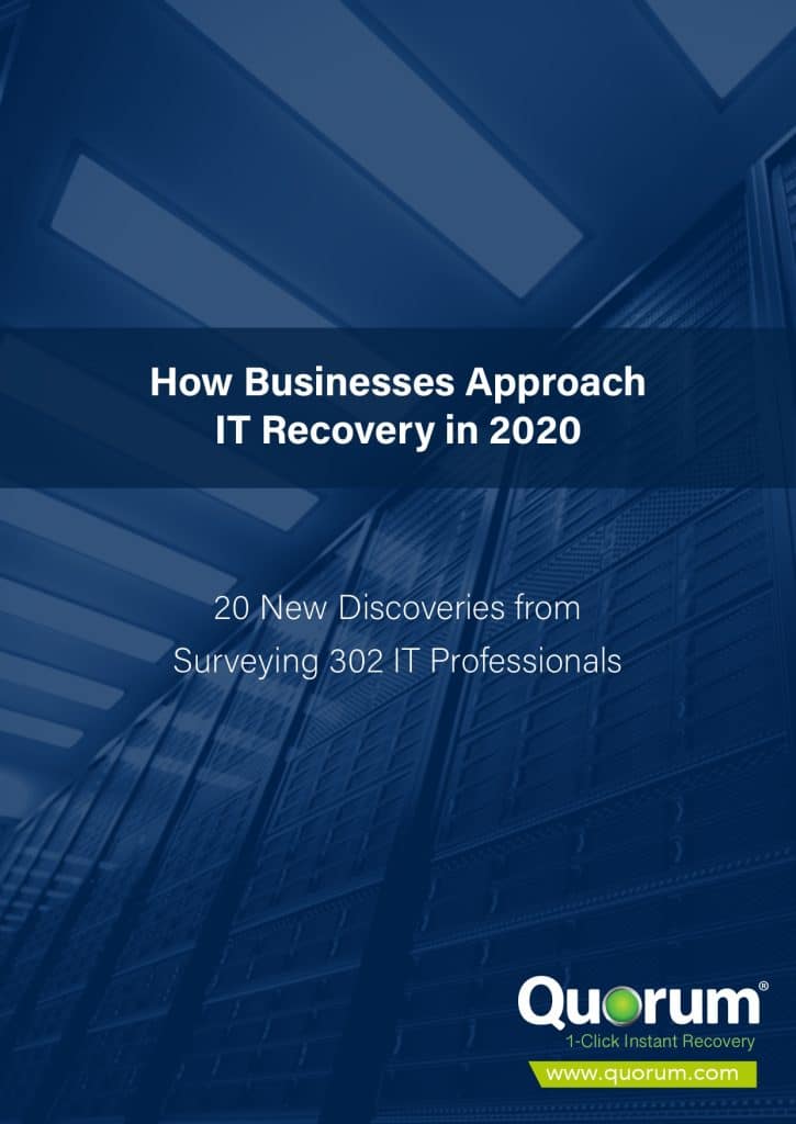 Cover page of a report titled "How Businesses Approach IT Recovery in 2020: 20 New Discoveries from Surveying 302 IT Professionals" by Quorum. The background shows a dimly lit data center with rows of server racks. The Quorum logo and website are at the bottom right.