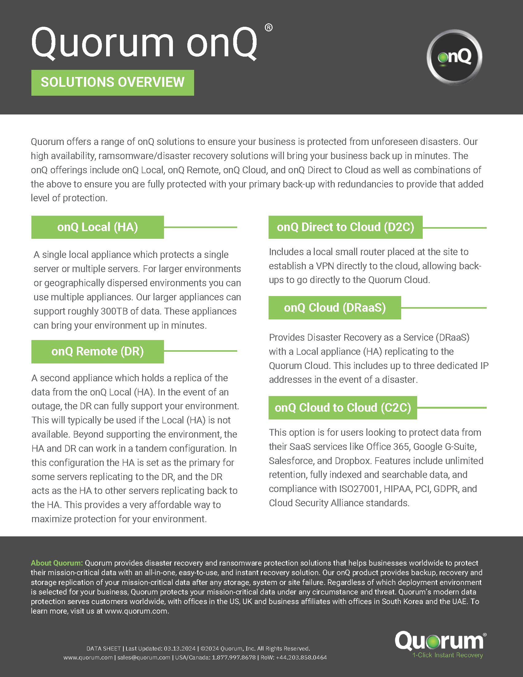 An informational flyer for Quorum onQ Solutions Overview. It describes various disaster recovery solutions: onQ Local (HA), onQ Remote (DR), onQ Direct to Cloud (D2C), onQ Cloud (DRaaS), and onQ Archive (Tape). The company logo and contact information are at the bottom.