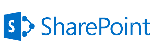 SharePoint logo featuring a blue icon on the left with a stylized "S" and three connected nodes, followed by the text "SharePoint" in blue.