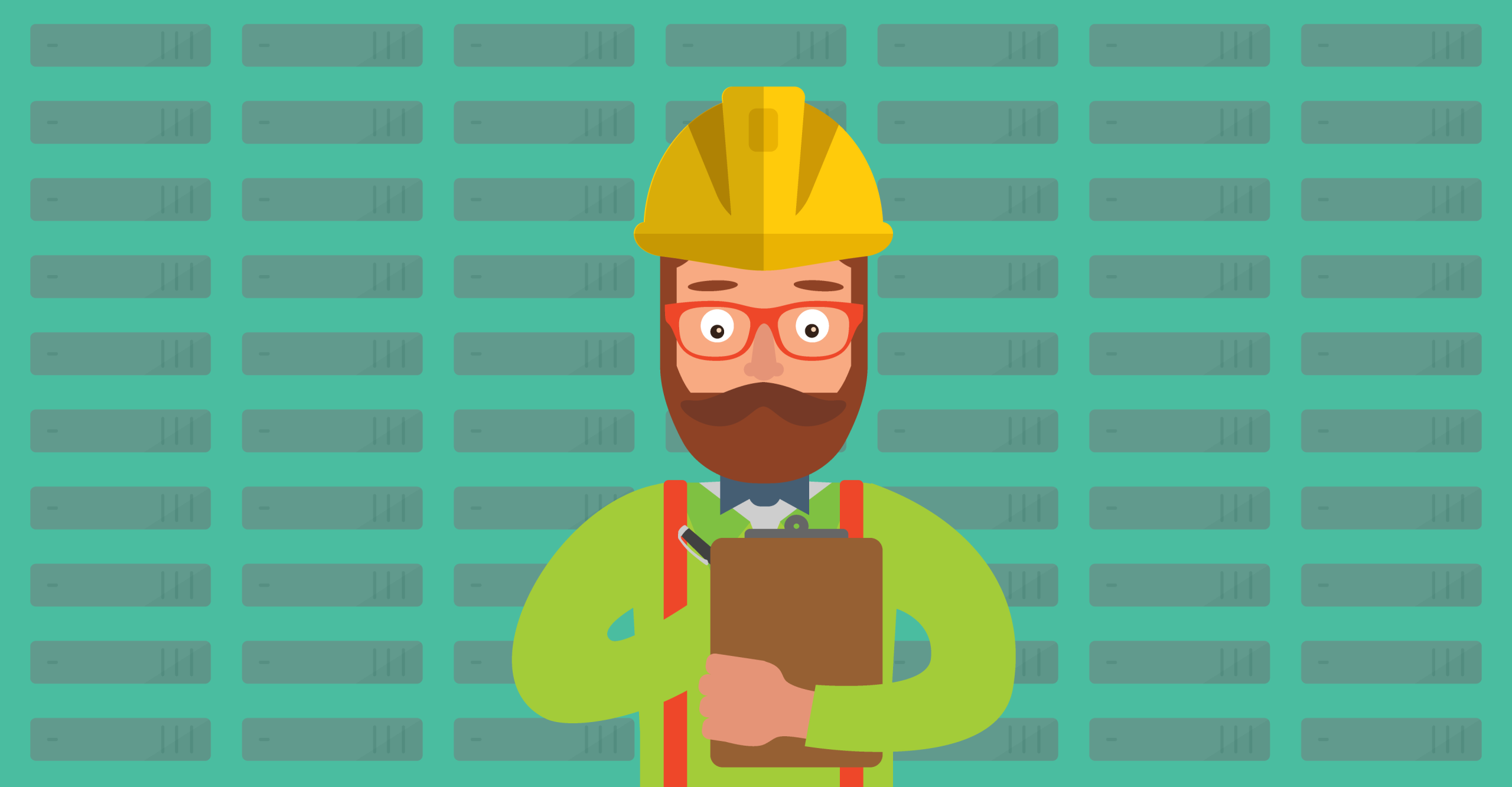Illustration of a construction worker wearing a yellow hard hat and red glasses, holding a clipboard. He has a beard and is dressed in a green shirt with red suspenders. The background features a teal brick pattern.