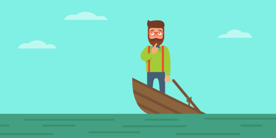 Illustration of a bearded man wearing glasses, a green shirt with red suspenders, and blue pants. He is standing on a small wooden boat in the middle of a body of water under a clear blue sky with a few clouds.