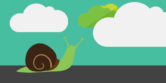 A green snail with a brown shell is crawling on a dark surface. The background features a teal sky with two large white clouds and some green hills partially visible behind one of the clouds. The illustration has a simple, cartoon-like style.