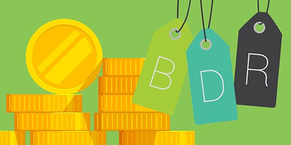 An illustration of stacked gold coins on the left and three hanging tags with the letters "B", "D", and "R" on them, set against a green background.