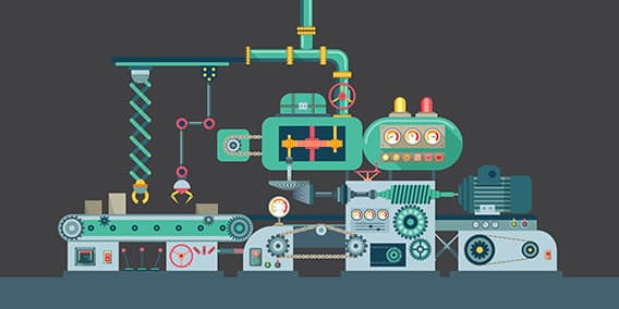 An illustration of a complex and colorful industrial machine with various components, including gears, pipes, conveyor belts, levers, gauges, and robotic arms, set against a dark background. The design has a whimsical and mechanical aesthetic.
