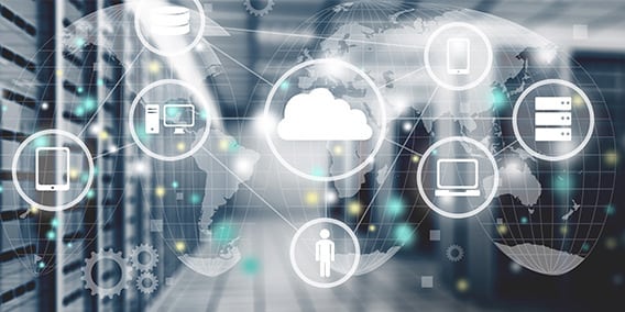 A digital illustration of cloud computing technology with various connected devices. Icons representing smartphones, tablets, desktops, servers, and a user are interconnected against a blurred server room background with a world map in shades of gray and white.