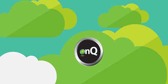 An illustration featuring multiple green and white clouds against a blue background. In the center, there's a circular logo with a black background displaying the text "onQ" in white and green letters inside it.