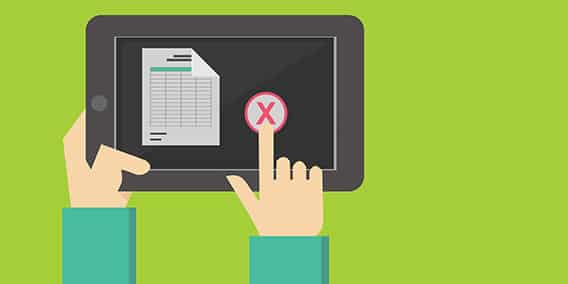 Illustration of hands holding a tablet with a spreadsheet document and a red "X" on the screen, indicating deletion or error. The background is green.