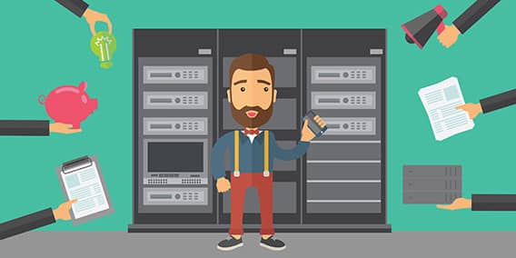 Illustration of a man with a beard and suspenders holding a smartphone and standing in front of server racks. Multiple hands around him hold various items including a clipboard, money box, light bulb, megaphone, document, and server hardware.