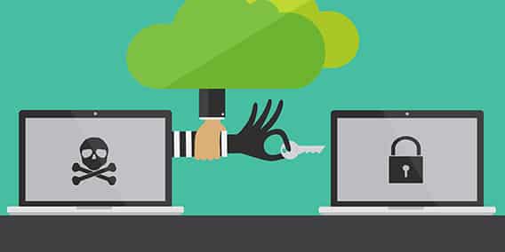 Illustration of two laptops with a cloud above them. A hand, appearing to extend from the cloud, holds a key and reaches from the laptop with a skull symbol to the one with a lock symbol, symbolizing data security and theft.