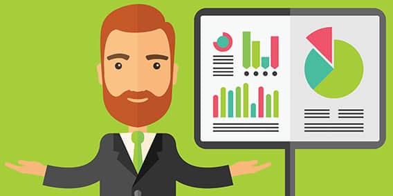 A cartoon man with a beard and suit stands in front of a presentation board displaying various graphs and charts, including bar graphs, pie charts, and line graphs. The background is green and the man appears to be explaining the data.