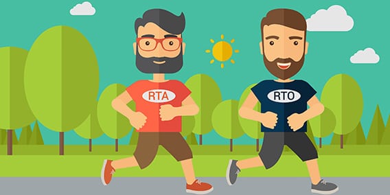 Illustration of two men jogging on a path in a park with trees and a sun in the background. They have beards and wear glasses. The man on the left wears a red shirt labeled "RTA" and brown shorts, while the man on the right wears a black shirt labeled "RTO" and blue shorts.