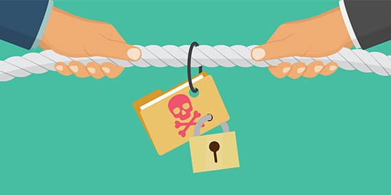 Illustration of two hands pulling a rope with a file folder containing a skull and crossbones symbol and an unlocked padlock hanging from it, representing a cyber threat or security breach. The background is teal.