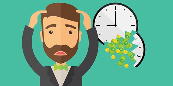 Illustration of a worried man with a beard wearing a suit and green bow tie holding his head. Behind him, a large clock seems to be breaking open, spilling out cash and coins, symbolizing the concept of time equating to money.