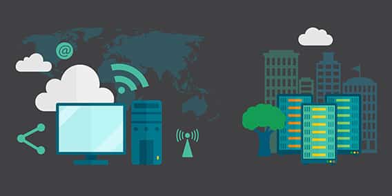 Illustration showing cloud computing concepts. On the left, there's a computer monitor, server, cloud icons, and a Wi-Fi signal against a world map backdrop. On the right, there are several buildings with servers placed in front, symbolizing data centers.