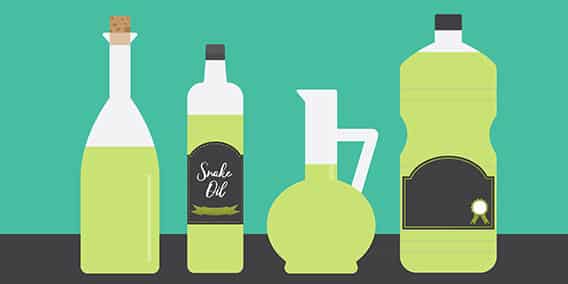 Illustration of four different green bottles with various shapes and sizes, each filled with light green liquid. They are lined up against a teal background. The second bottle from the left is labeled "Snake Oil.