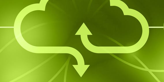 Green background featuring an abstract design with a cloud icon and two unidirectional arrows, one pointing up and the other pointing down, suggesting data transfer or cloud computing.
