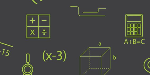 A dark background with lime green outlines of various mathematical and scientific symbols, including a calculator, a cube with labeled sides "a" and "b", a magnifying glass, arithmetic symbols, an equation of (x−3), and a waveform.