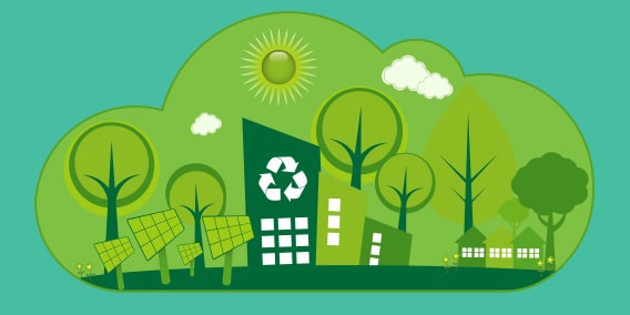 Illustration of a green eco-friendly city with trees, solar panels, buildings, and houses. A recycle symbol is displayed on a building. The sun and clouds are in the sky, emphasizing a clean and sustainable environment.