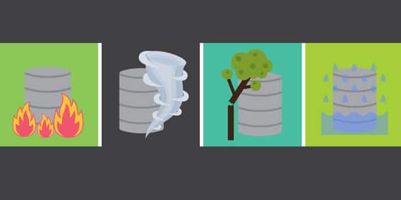 An illustration with four panels showing different disaster scenarios: a fire burning near data storage devices, a tornado near data storage devices, a tree fallen near data storage devices, and data storage devices with water pouring over them.