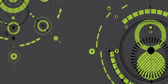 Digital artwork featuring a black and dark-gray background with intricate, futuristic patterns. The design is composed of neon green and black circular and arc shapes, resembling a high-tech user interface or abstract circuitry.