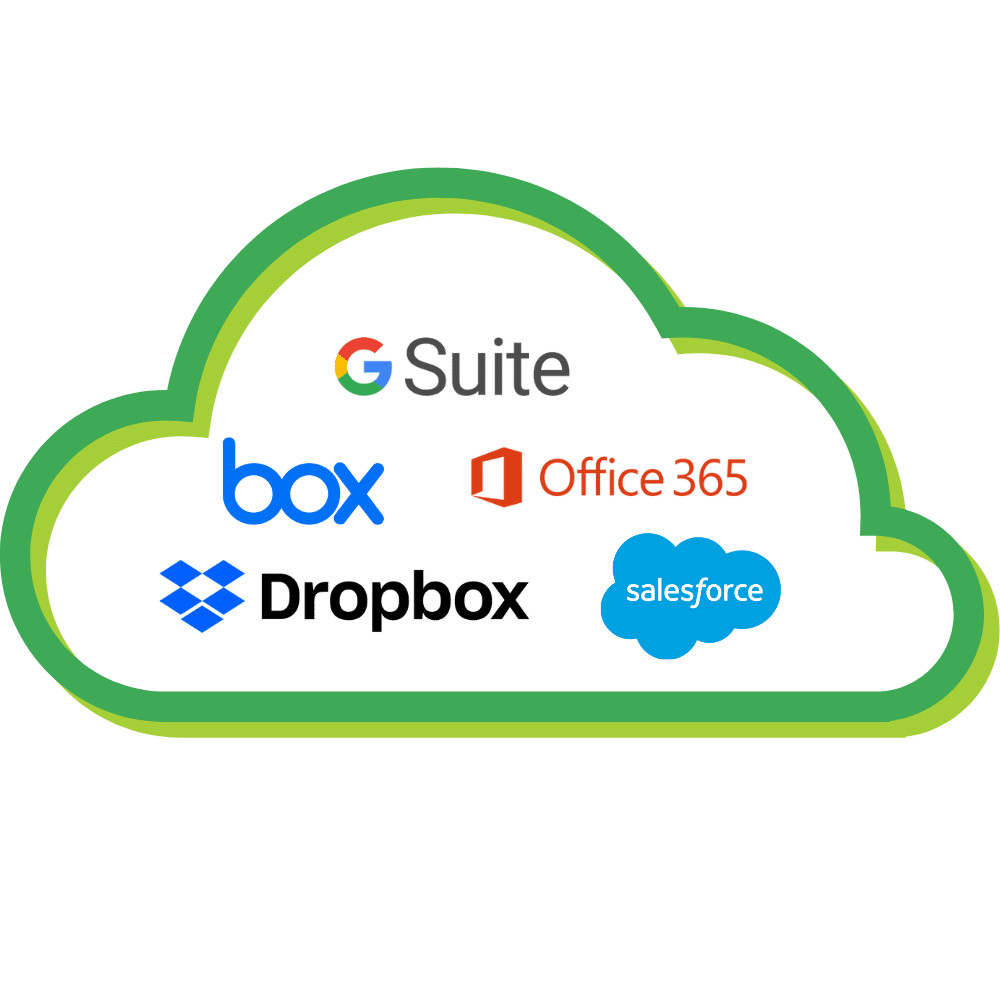 A green cloud-shaped graphic displaying logos of various software services inside it, including G Suite, box, Office 365, Dropbox, and Salesforce.